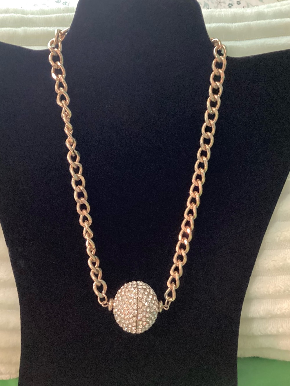 Gold color Necklace large rhinestone ball pendant. 9” length.